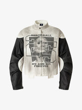 Skull Print Paneled Stand-up Collar Leather Jacket